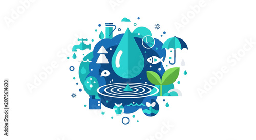 Sustainable Water Management Concept Flat Illustration with Water Drop, Faucet, and Green Plant Icons for Environmental Conservation Projects