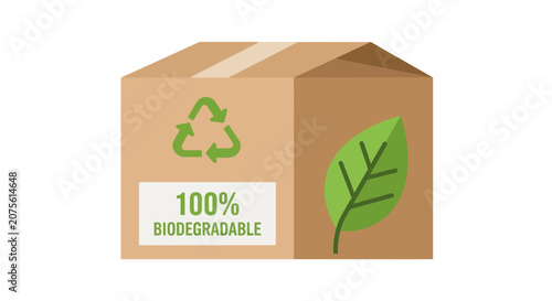 Sustainable Packaging Box with 100% Biodegradable Label, Recycle Symbol and Green Leaf Icon, Isolated Illustration for Eco-Friendly Shipping and Logistics
