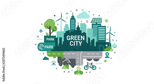 Sustainable Green City Concept with Renewable Energy Wind Turbines and Solar Panels Flat Vector Illustration