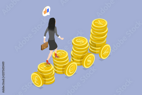 3D Isometric Flat Vector Illustration of Currency Exchange, Woman Walking On Pound, Yen, Euro, And Dollar Currency Symbols