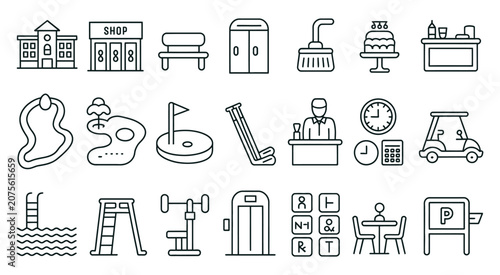 Bild auf Leinwand Golf Club Facility icon set featuring Pro Shop, Clubhouse and Golf Course Amenities in Clean vector illustration style