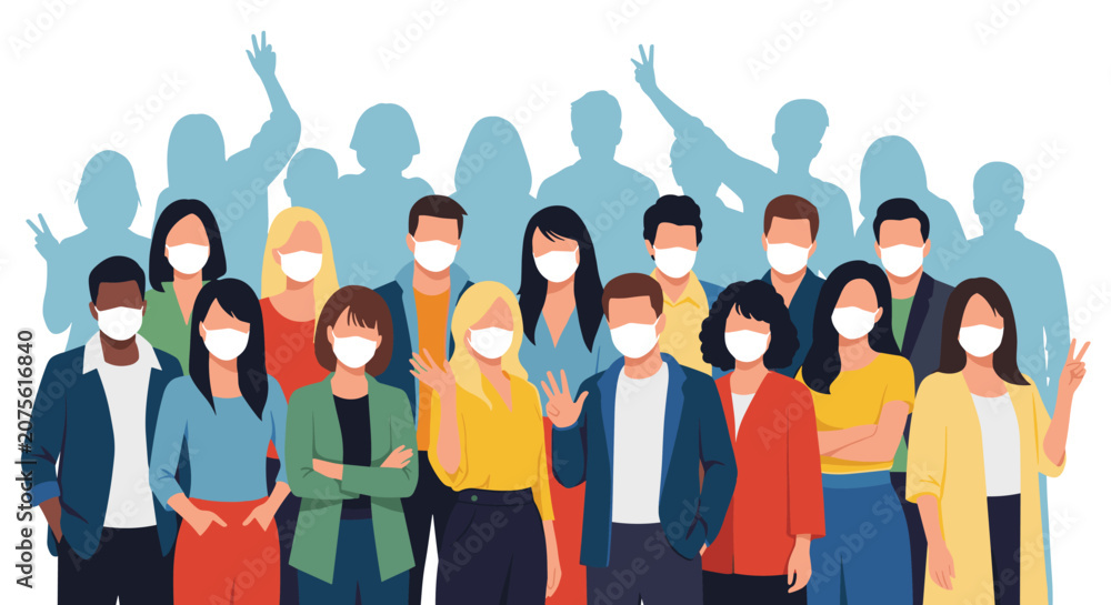 Obraz premium Group of diverse people standing together wearing white protective face masks against a blue silhouette background.