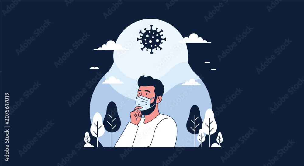 Naklejka premium Man wearing a protective face mask standing outdoors and thinking with a coronavirus icon above his head against a night sky background.