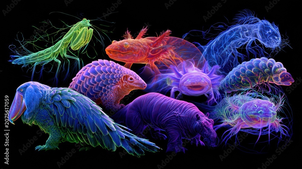 Fototapeta premium Ten niche animals glow in unique neon colors on a black background, creating a vibrant and striking panoramic scene.