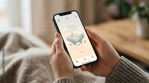 Person using a wellness app on a smartphone in a cozy home