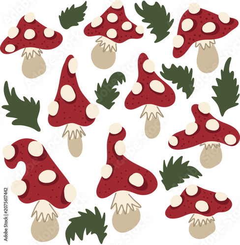 Fly Agaric Mushrooms and Green Forest Leaves Illustration Set