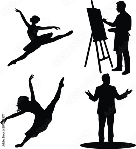 Artistic Expression Silhouette Vector Set of Dance, Painting, and Performance Activities
