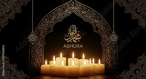Photography Ashura commemoration with glowing candles and golden arabic calligraphy