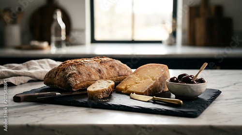 Rustic bread with aged cheese and olives on a slate board