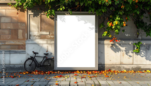 Blank vertical billboard mockup on urban city street wall with bicycle and autumn leaves