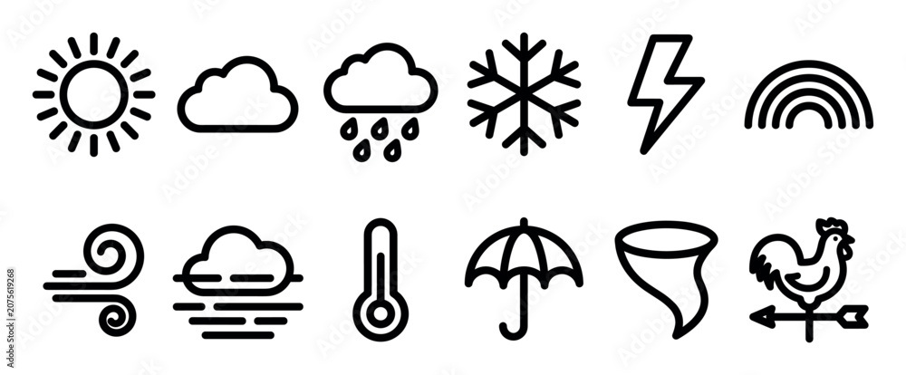 Naklejka premium Set of black weather forecast icons featuring simple line art symbols for sun, cloud, rain, snow, lightning, wind, and storm in a clean minimalist pictogram collection