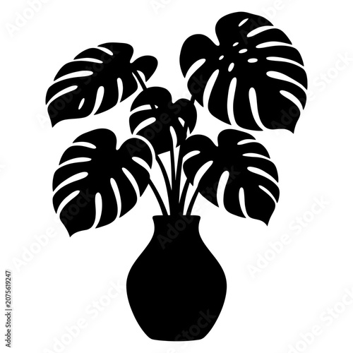 Monstera Plant Silhouette in Vase Tropical Houseplant Vector