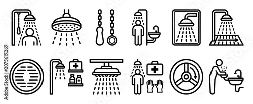 Emergency shower and eyewash station line icons for industrial safety, a collection of minimalist black pictograms illustrating decontamination, first aid, and drench procedures