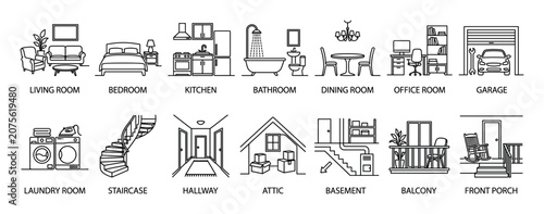 Collection of house room line icons showing different interior and exterior spaces like the living room, kitchen, bedroom, and garage in a simple minimalist vector illustration style