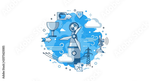 Sustainable Wind Energy Concept Illustration with Wind Turbines and Power Infrastructure
