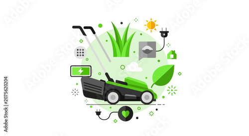 Eco-friendly Electric Lawn Mower Illustration with Green Energy Icons and Sustainability Concept