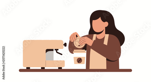 Female Barista Preparing Takeaway Coffee with Espresso Machine, Flat Vector Illustration of Coffee Shop Service Concept on White Background