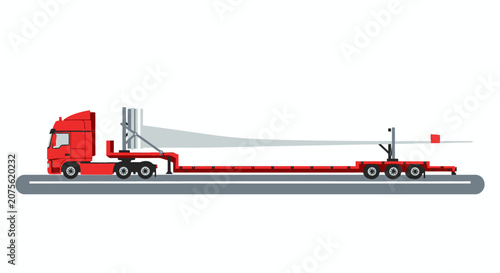 Red Semi Truck Transporting Wind Turbine Blade for Renewable Energy Projects. Flat Vector Illustration of Sustainable Power Logistics on White Background.