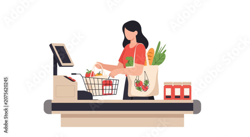 Woman Shopping at Grocery Store Checkout with Reusable Bag and Healthy Food - Flat Vector Illustration