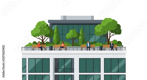 Sustainable Urban Architecture Illustration of a Modern Building with a Green Rooftop Terrace, Trees, and People Sitting on Benches