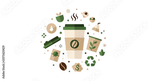 Sustainable Coffee Concept Flat Vector Illustration with Eco-Friendly Icons, Recycling Symbols, and Biodegradable Packaging Elements on White Background