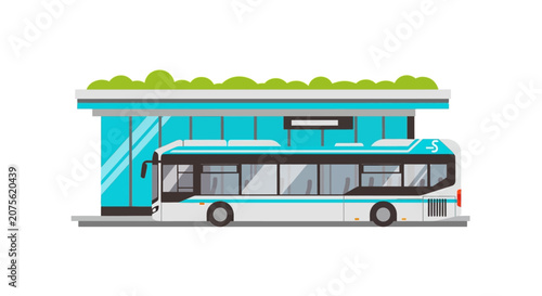 Modern Electric Bus at Eco-Friendly Sustainable Bus Stop with Green Roof Vector Illustration