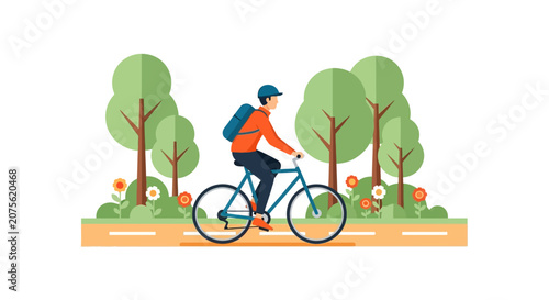 Male Cyclist Riding a Bike in a Green Park Vector Illustration, Eco-Friendly Commuting and Healthy Lifestyle Concept
