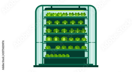 Vertical Indoor Farm Unit with Hydroponic Lettuce and LED Grow Lights, Smart Sustainable Agriculture Concept Illustration