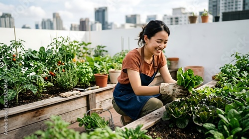 Smiling woman harvesting fresh vegetables in a sunny rooftop garden