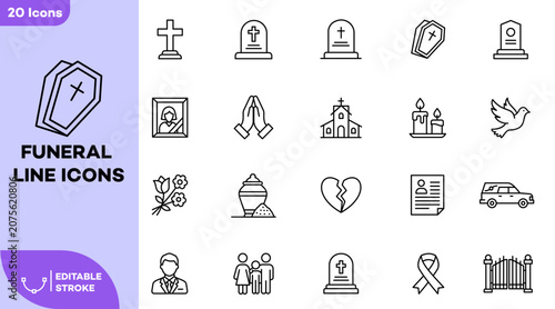 Funeral line icons set. Death and memorial symbols like coffin, tombstone, church, flowers, and mourning ribbon. 