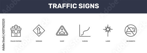 Fotografie traffic signs icon set with police station, merging, laser, no rodents signs in