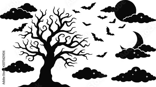 Photos Spooky halloween vector bundle silhouette tree bats moon and clouds for creepy d