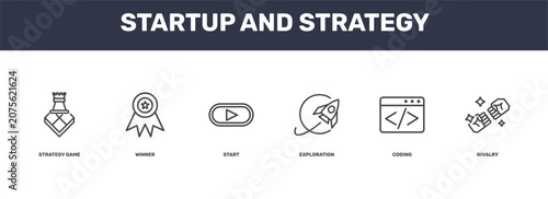 Photos startup and strategy icon set with strategy game, winner, coding, rivalry signs