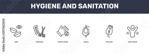 Photography hygiene and sanitation icon set with lens, grooming, epilator, body odour signs