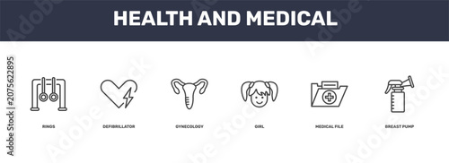Foto health and medical icon set with rings, defibrillator, medical file, breast pump