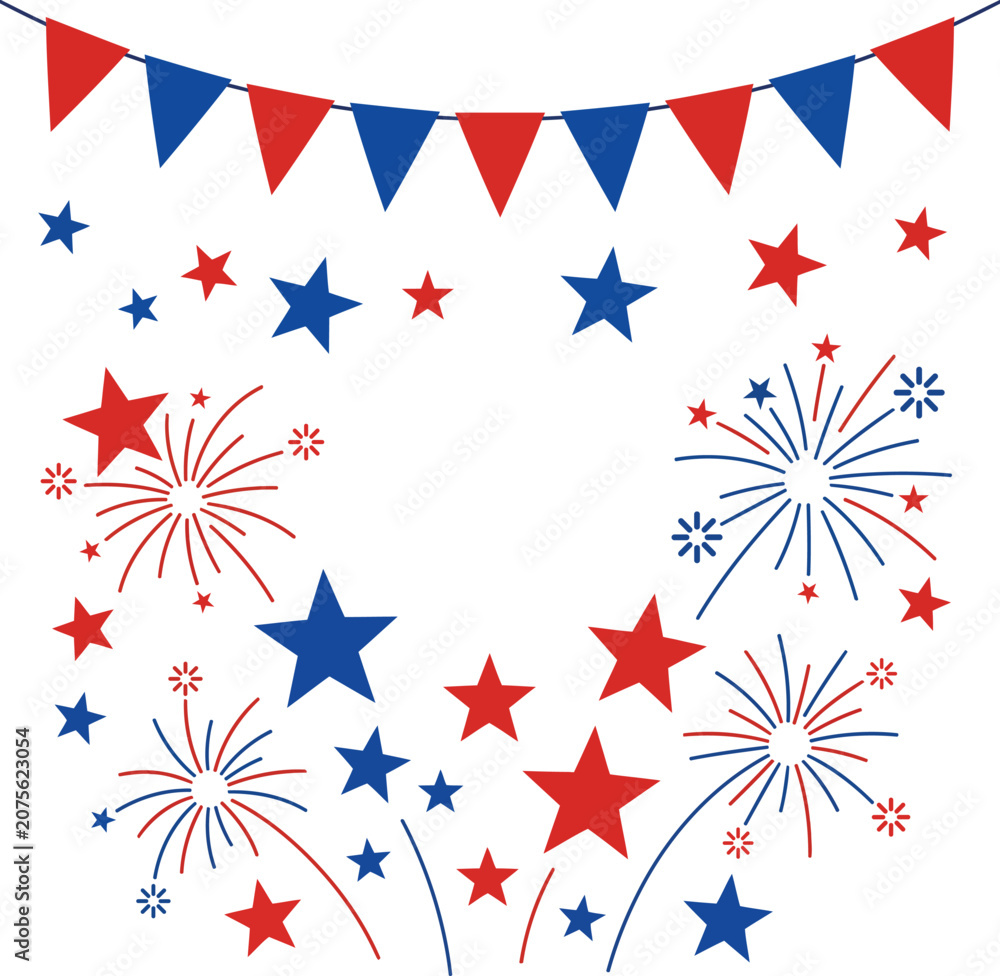 Fototapeta premium Patriotic bunting with stars and fireworks illustration on a white background silhouette