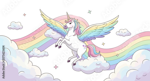 A flying unicorn with rainbow wings soars through the clouds.