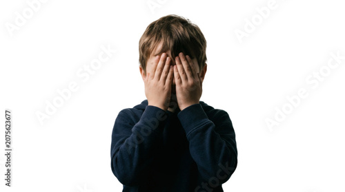 Young boy covering face with hands in gesture of shame or embarrassment PNG Isolated on transparent background