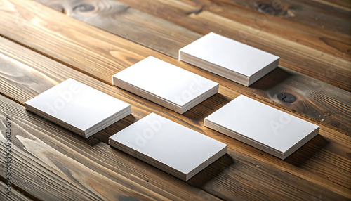 Blank white business cards mockup on rustic wooden tabletop, stationery branding presentation