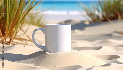 Blank white coffee mug sitting in sand on a sunny tropical beach mockup