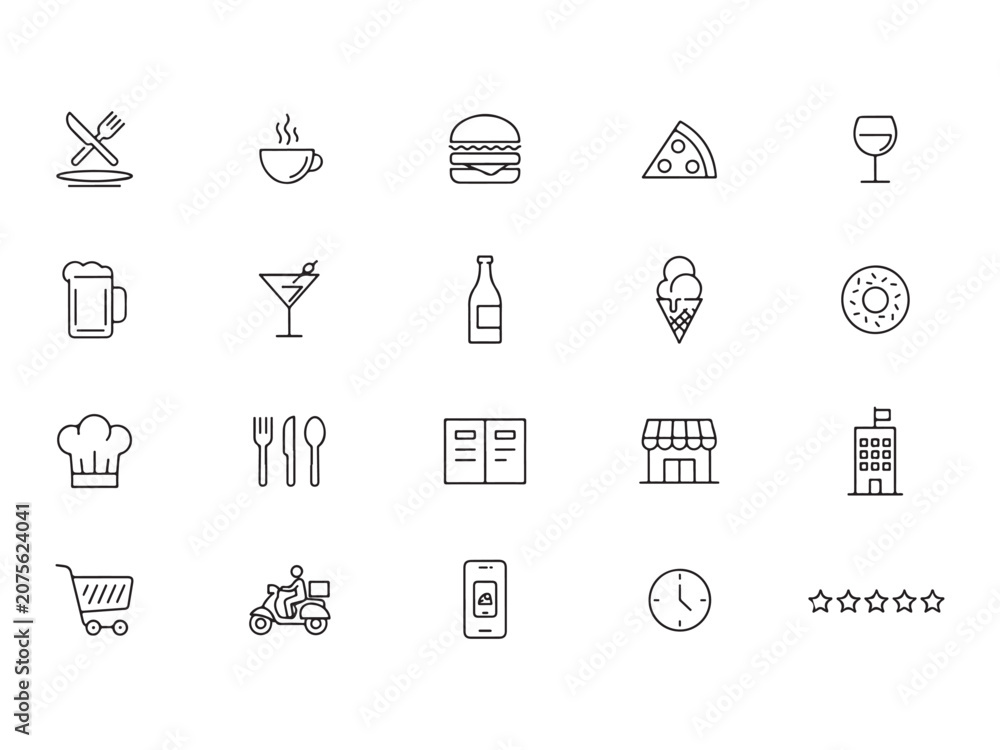 Fototapeta premium Various food and restaurant related icons and symbols used online menu and delivery