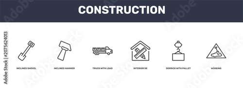 Foto construction icon set with inclined shovel, inclined hammer, derrick with pallet