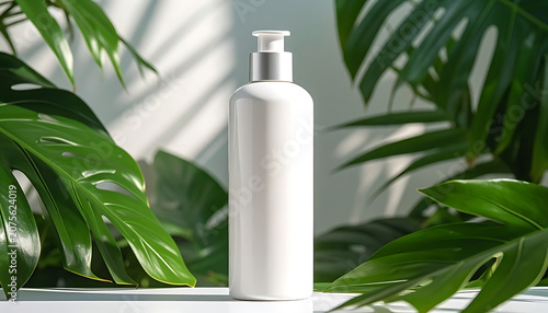 Blank white cosmetic pump bottle mockup, natural skincare packaging with tropical monstera leaves, spa branding, beauty product presentation