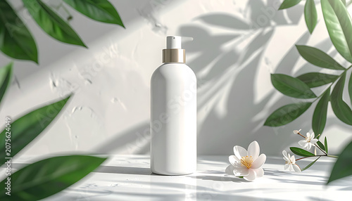 Blank white cosmetic pump bottle mockup for beauty products, skincare branding, organic natural lotion, essential oil serum presentation