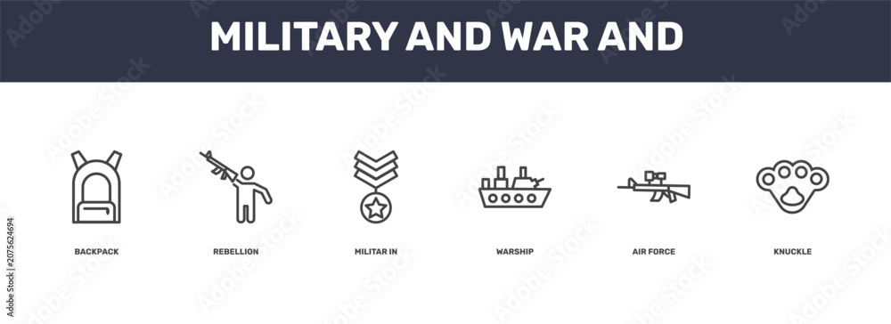Fototapeta premium military and war and icon set with backpack, rebellion, air force, knuckle signs in flat outline style