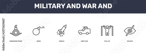 military and war and icon set with submarine front view, bomb, pull up, stealth signs in flat outline style