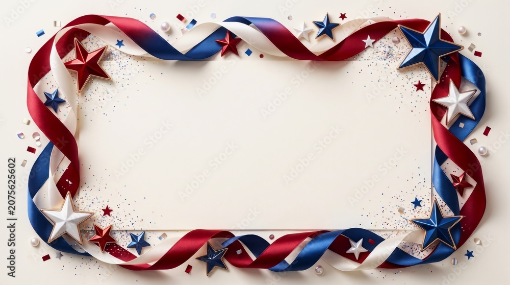 Fototapeta premium Patriotic red blue ribbon star frame for independence day card