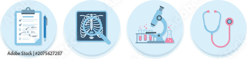 Foto Healthcare icons vector illustration with clipboard, X‑ray, microscope, stethosc