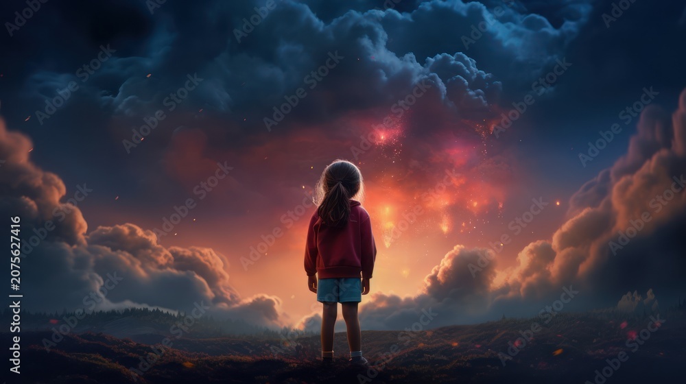 Obraz premium Little Girl Watching Dramatic Fiery Sky