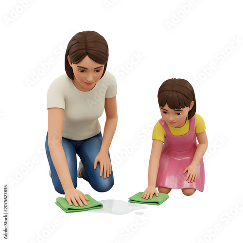 Two women cleaning a spill on the floor with cloths